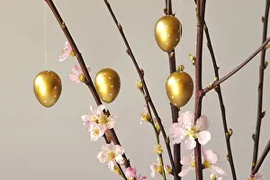Spring In Germany Prints: Blooming branches of a peach tree in a vase decorated with Easter eggs