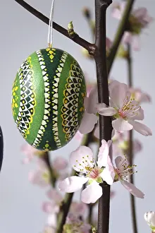 Embellished Peach Tree Branch Prints: Blooming branches of a peach tree in a vase decorated with Easter eggs