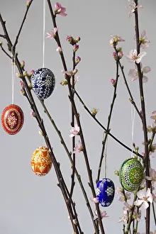 Decorative Easter Eggs Prints: Blooming branches of a peach tree in a vase decorated with Easter eggs