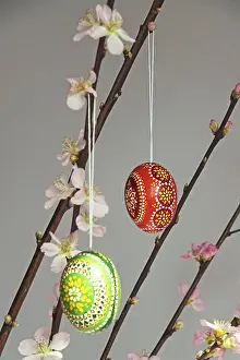 Springtime Peach Blossoms Prints: Blooming branches of a peach tree in a vase decorated with Easter eggs