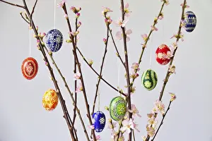 Springtime Peach Blossoms Prints: Blooming branches of a peach tree in a vase decorated with Easter eggs