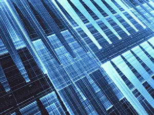 Empty Futuristic Landscape Prints: Blue glowing diagonal grid - abstract computer-generated illustration