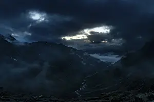 Atmospheric Light Scene Prints: Blue hour over Windbachtal with dramatic clouds