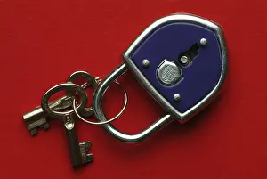 Deserted Castle Prints: Blue padlock with two keys