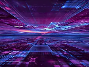 Blue Technology Background Prints: Blue and purple technology background with perspective and glowing grid - abstract computer generated 3d illustration