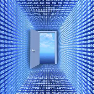Virtual Reality Concept Prints: Blue room made of binary code with an open door to a cloudscape