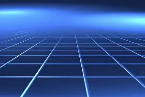 Digital Composing Techniques Prints: Blue surface with grid structure running to perspective vanishing point