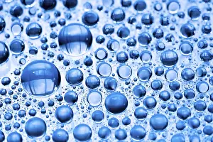 Close Up Raindrops Prints: Blue water drops background close up