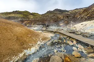 Geothermal Area In Iceland Prints: Boardwalk over steaming ground