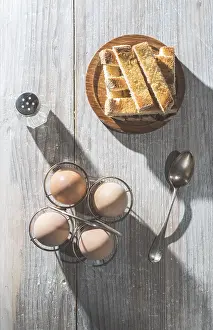 Close Up Breakfast Meal Prints: Boiled eggs breakfast table. Close up