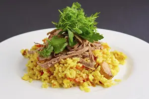 Beef Nutrition Facts Prints: Boiled rice and chopped pulled beef