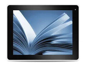Deserted Library Scene Prints: Book on computer tablet screen. Reading online