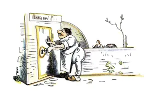 Historical Fairy Tales Prints: Book illustration, baker is locking the bakery