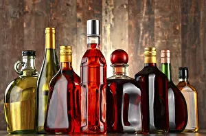 Alcoholic Beverages Prints: Bottles of assorted alcoholic beverages