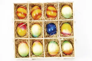 Studio Shot Of Easter Eggs Prints: A box with painted Easter eggs