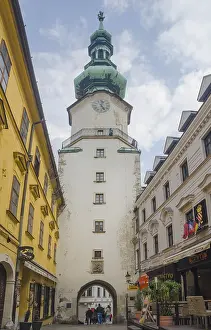 Prints of Bratislava/Slovakia, April 29, 2017: People walking on Michalska street with Saint Michael's Gate in the charming old town Bratislava/Slovakia, April 29 Slovakia Prints: Bratislava Old Town Print, Michalska Street Scene