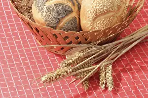 Red Background Food Photography Prints: Bread rolls in a basket on a red background