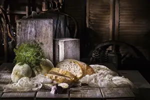 One Person Studio Shot Prints: Bread and vegetables on a vintage studio background