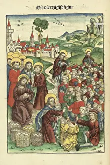 Prints of The Bread Wonder, old coloured woodcut by Michael Wolgemut and Anton Koberger from incunabula The Treasure Keeper or Shrine of the True Riches of Salvation and Further Bliss by Stephan Fridolin Michael Wolgemut Prints: Woodcut Print of The Bread Wonder, 1491