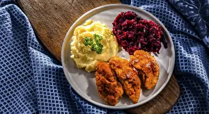 Chicken Meal Ideas Prints: Breaded chicken cutlets served with potatoes and beetroot