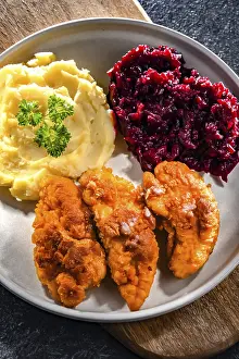 Gastronomy Photography Prints: Breaded chicken cutlets served with potatoes and beetroot