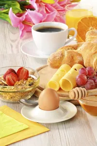 Orange Juice Drink Prints: Breakfast with coffee, rolls, egg