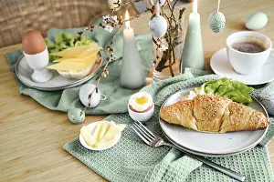 Wooden Table Decor Prints: Breakfast with Easter eggs, croissant