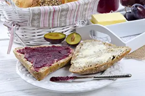 Empty Breakfast Table Prints: Breakfast with plum jam