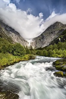 Norway Mountain Creek Prints: Briksdalselva Glacier River, Briksdalsbreen
