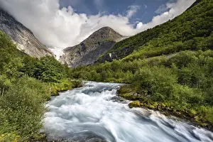 Norway Mountain Creek Prints: Briksdalselva Glacier River, Briksdalsbreen
