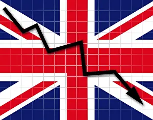Union Jack Symbol Prints: The British flag and arrow graph going down