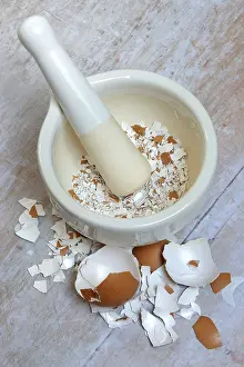 Isolated Food Still Life Prints: Broken eggshells crushed with mortar