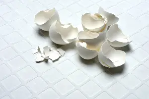 No People Food Scene Prints: Broken eggshells on a light-coloured background