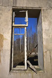Deserted House Prints: Broken window in a wall of the collapsed house