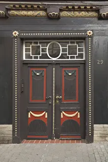 Half Timbered Construction Historic District Prints: Brown front door with decorations
