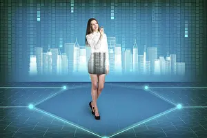 Futuristic Office Interior Prints: Brunette operating with search interface on the wall