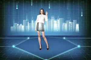 Modern Architecture Style Prints: Brunette operating with search interface on the wall