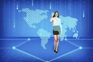 Futuristic Office Interior Prints: Brunette operating search interface on the wall (Attractive young adults in futuristic interfaces / interiors series)