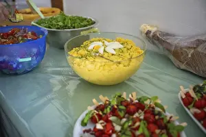 Festive Food Celebration Prints: Buffet with mashed potatoes, salad and various dishes