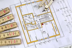 Handicraft Construction Tools Prints: Building plan for a house. With compass and scale Austria