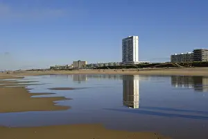 Dutch Seaside Resort Prints: Building on sandy beach, reflection
