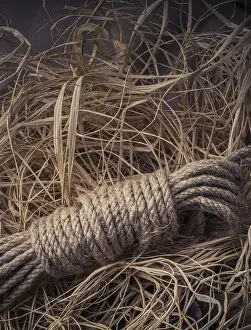 No People Present Prints: Bundle of linen rope in a straw background