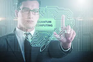 Artificial Intelligence Technology Prints: Businessman pressing virtual button in quantum computing concept