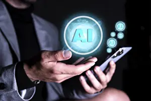 Artificial Intelligence Concept Prints: Businessman using mobile phone using artificial intelligence