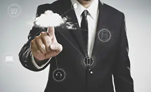 Digital Data Storage Solutions Prints: Businessmen press to the cloud server