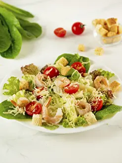 Copy Space For Text Overlay Prints: Caesar salad with shrimps on white table