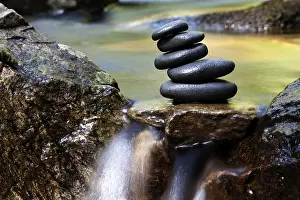 Directional Sign Post Prints: Cairn, stack of basalt rocks in a creek