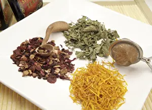 Natural Healing Remedies Prints: Calendula, nettle and fruit tea, type of teas