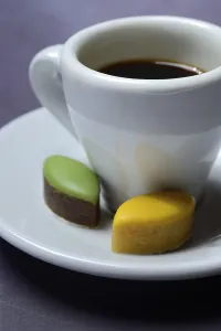 French Almond Confectionery Prints: Calisson d'Aix and cup of coffee