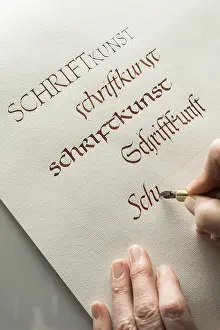 Calligraphy Studio Prints: Calligraphy studio, hand writes text with ink